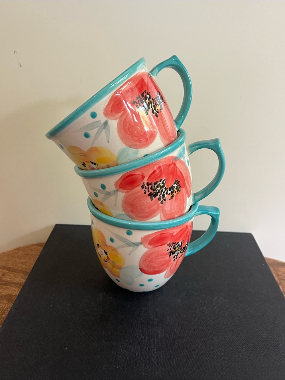 The Pioneer Women vintage bloom turquoise ceramic coffee mugs